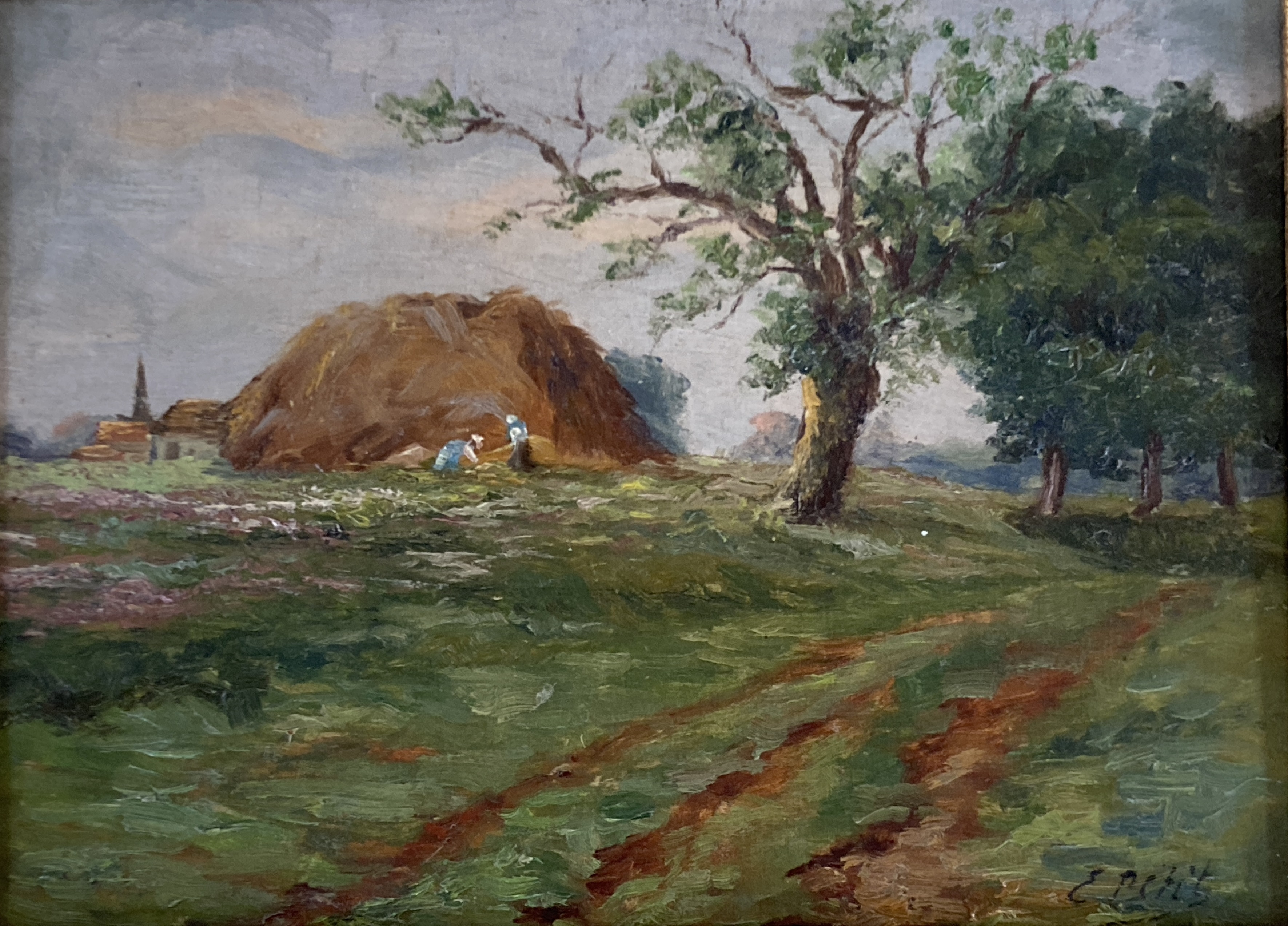 E. Petit, oil on canvas board, Landscape with figures beside a haystack, signed, 23 x 31cm